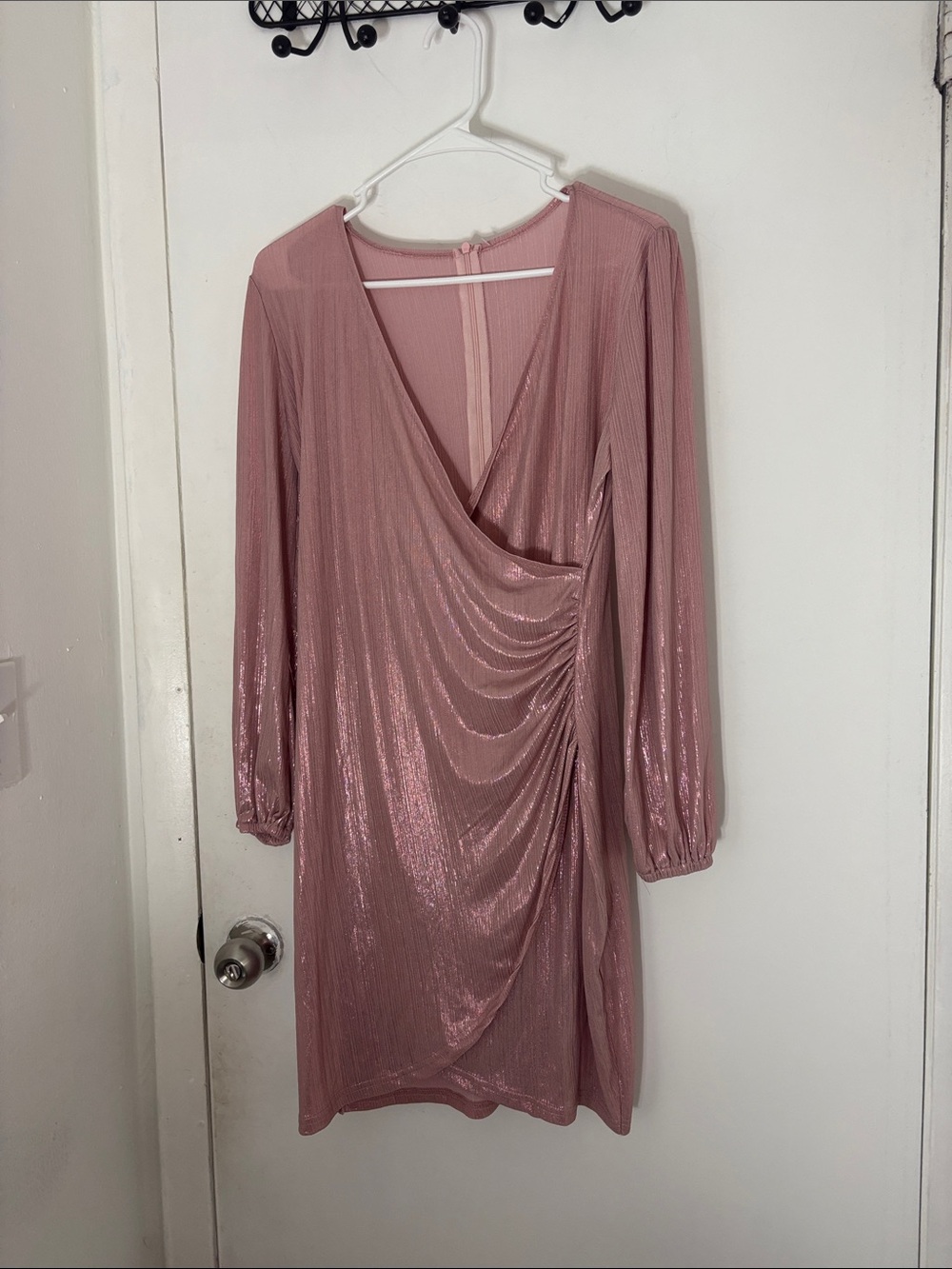 Rose Metallic Wrap-Style Long Sleeve Dress